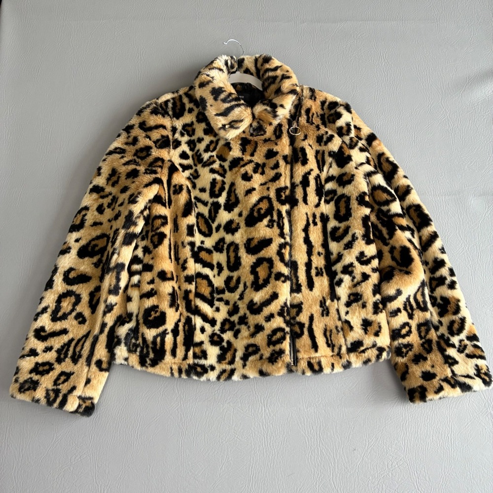 Forever 21 Womens Leopard Faux Fur Jacket Mob Wife Animal Print Short Coat Large